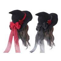 Fashion Lolita Halloween Rose Big Bow Witch Hat Cosplay Halloween Gifts Dress Party Wide Brim Prop Head Ornament Women