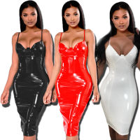 Women Wetlook Shiny Camisole Dress Exotic Dancewear Hot Midi Dress Clubwear Bodycon Faux Leather Sexy Fetish Latex Pvc Dress 6XL