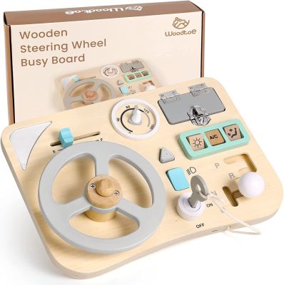 Busy Board for Toddlers Montessori Steering Wheel Driving Toy Wooden Sensory Toys Preschool Learning Activities for Fine Motor