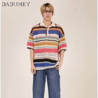 DaDuHey Mens and Womens Hong Kong Style Retro Loose Rainbow Striped Sweater Fashion Hollowed-out Short-Sleeved Pullover Sweater