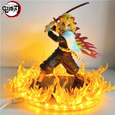 ZZOOI Anime Figures Demon Slayer Rengoku Kyoujurou Fire Led Scene DIY PVC Action Figure Toy 21cm Kimetsu no Yaiba Figurine Kids Doll