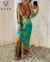 VAZN  Party Cocktail Pleated Boho Style Print Dress Women Elegant Fashion Dress Slim Dress Club Birthday Shinny Dress