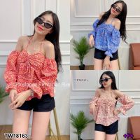 J18163 Set 2 ชิ้น เสื้อเปิดไหล่ ลายดอกไม้ + กางเกงขาสั้น 2-piece set: off-the-shoulder floral top + shorts