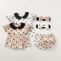 【Ladies shop】เสื้อกล้ามลายจุด3ชิ้นพร้อมกางเกงขาสั้นที่คาดผมโบว์0 2YBaby Clothing