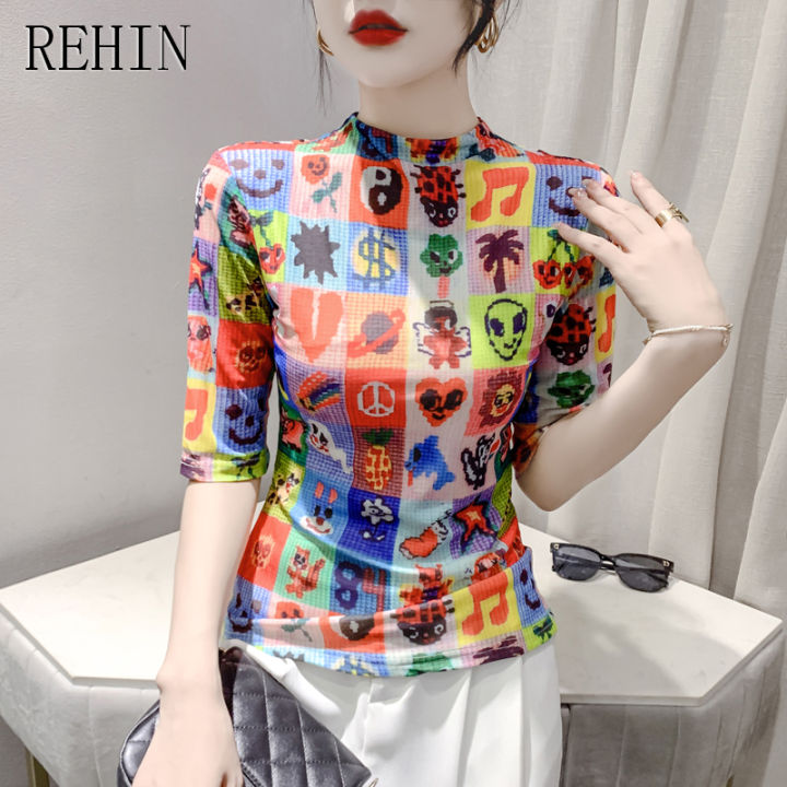 rehin-เสื้อนอกคอปกสูงลายตาข่ายสำหรับผู้หญิง-เสื้อสตรีสไตล์ยุโรป2023แขนห้าส่วนพิมพ์ลายเข้ารูปพอดีเสื้อยืดทันสมัยทันสมัย