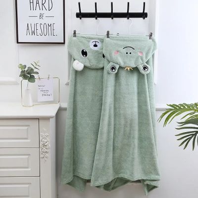 ☒◎ Lovely Frog Hooded Bathrobe Snap Fastener Childrens Bath Towel Water Absorbing Bath Towel Super Soft Coral Velvet Cloak