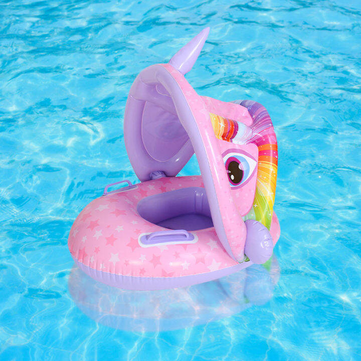Kids Baby Inflatable Swim Ring Float Seat Cartoon Swimming Seat with Sunshade Awning Fun Pool