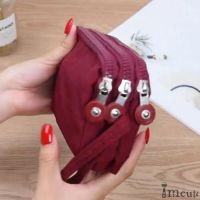 Imcute New Women 3 Layer Canvas Coin Purse Solid Color Zipper Wallet Gift