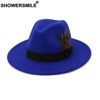 SHOWERSMILE Royal Blue Women Men Wool Vintagetrilby Felt Fedora Hat With Feather Church Hats Wide Brim Winter Autumn Jazz Caps