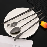 Black Gold 12-16Pcs Chopsticks Fork Spoon Cutlery Set Dinnerware Set 1810 Stainless Steel Flatware Korean Tableware Set