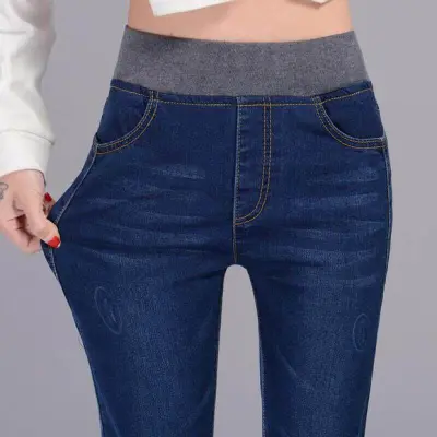 【40-100KG】 Moyan กางเกงยีนส์ กางเกง ผญเอวสูง ผญ กางเกงยีนเอวยืด กางเกง ผู้หญิง กางเกงยีนส์ผู้หญิง เอวยางยืด ทรงสลิม ไซส์ใหญ่ สไตล์เกาหลี