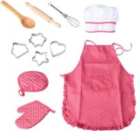 Apron for Little Girls Kids Cooking Baking Set Chef Hat Mitt &amp; Utensil for Toddler Play House Toys Chef Costume Role Play