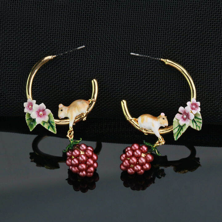 mori-cute-little-hamster-c-shaped-earrings-enamel-earrings-flower-earrings-wholesale-jewelry-for-woman-trend