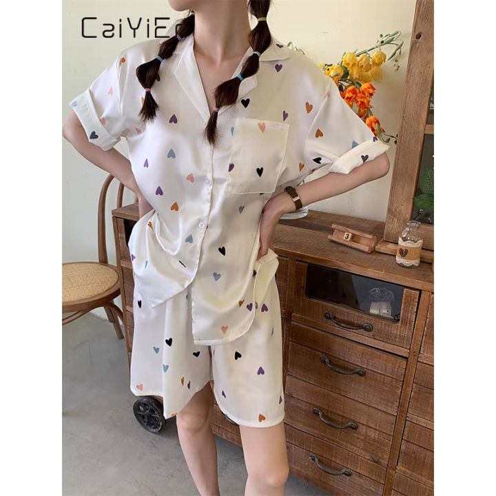 caiyier-summer-new-womens-sleepwear-silky-satin-short-sleeve-nightwear-sweet-heart-print-pajamas-for-women-korea-homewear