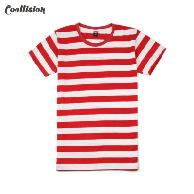 #Coollision-Red1นิ้ว เสื้อลายทางสีแดงสีขาว เสื้อยืดลายทางคอกลม  unisex-1inch ผ้าไม่ลื่น ฝ้าย ใส่ได้ทุกโอกาส สีไม่ตก