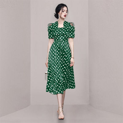 2022วินเทจฤดูร้อนสีเขียว Dress สุภาพสตรีสแควร์คออารมณ์พัฟแขนพิมพ์ลายจุด Vestidos ลำลองผู้หญิงเสื้อผ้า F319
