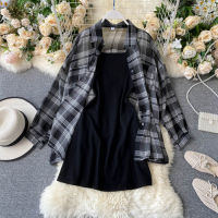 LY VAREY LIN  New Summer Autumn Casual Two Piece Set Long Sleeve Plaid Grey Overcoats Spaghetti Strap Slim Black Solid Dress