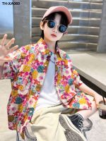 Boys short-sleeved flower summer thin 2023 new trendy big childrens clothes ruffian handsome fried street tops