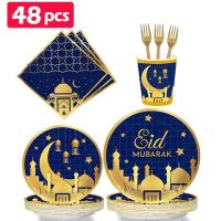 EID Mubarak Disposable Party Tableware Moon Star Paper Plate Napkin Ramadan Decoration for Home 2023 Muslim Islamic Party Supply