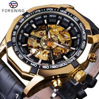 ZZOOI Forsining Waterproof Golden Black Skeleton Clock Two Button Decoration Mechanical Wrist Watches for Men Black Genuine Leather