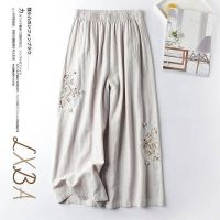 COD SDFERTGRTYTYUYU 【Joy Joy Clothing】 C.XAS20.Summer Cotton Linen Casual Pants Womens Pants Thin Retro Ethnic Style Embroidered Wide-Leg Pants All-Match Slimmer Look