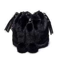 Winter Fashion Women Shoulder Bag Small Furry Faux Fur Bucket Drawstring Hand Bag Girls Purse Cross Body Bag with Pom Pom