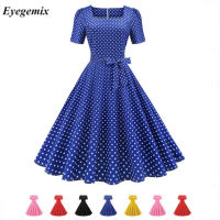 KKPolka Dot ชุดเดรสวินเทจผู้หญิงฤดูร้อนแขนสั้นคอเหลี่ยม A-Line Midi Party Sundress 50 60S Pinup Vestidosq11