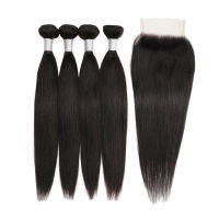 260กรัมเซ็ตสำหรับหนึ่งเต็มหัว4มัดพร้อมการปิดสีดำ Remy ต่อผมคนอินเดีย4x4ปิดลูกไม้โปร่งใส