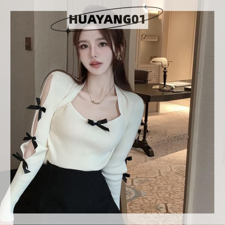 huayang01สเวตเตอร์ผูกโบว์หวานสำหรับผู้หญิง-เสื้อสเวตเตอร์คอเหลี่ยมแขนปิดไหล่ยาวเสื้อกันหนาวถักเพรียวบางสำหรับฤดูใบไม้ร่วง