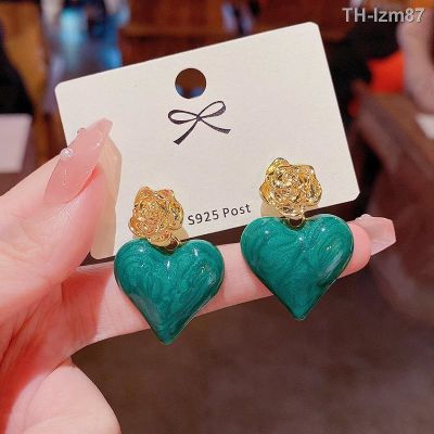 💍 เครื่องประดับ Han Guochao fairy green love roses drip texture earrings S925 silver needle joker temperament stud earrings earrings