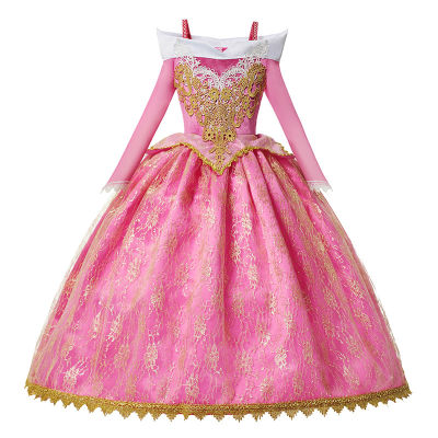 【cw】Girls Sleeping Beauty Aurora Dress Long Sleeves Off Shoulder Lace Robe Kids Gorgeous Christmas Gift Fancy Princess Party Outfits