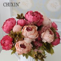 HIGHT Quality Silk Flower European 1 Bouquet Artificial Flowers Fall Vivid Rose Peony Fake Leaf Wedding Home Party Decoration Artificial Flowers  Plan