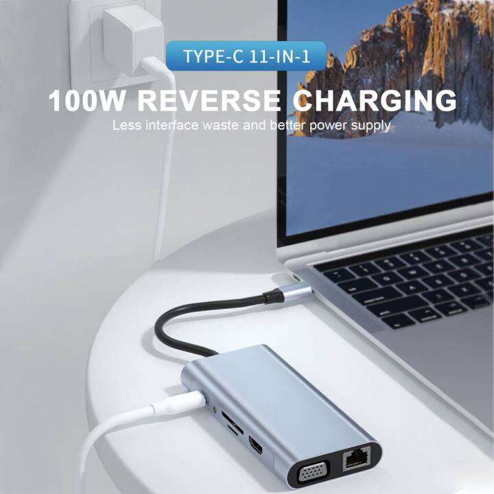 อะแดปเตอร์ฮับ-ฮับ-11-in-1-usb-c-hub-type-c-เป็น-usb-4-100w-pd-hdmi-4k-การ์ดรีดเดอร์-sd-tf-rj45-vga-audio