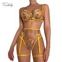 【CW】☍  Transparent Embroidery Panties Set 3-Piece Garters Flowers Short Kits