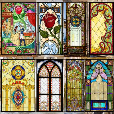 Colorful Stained Glass Window Film Opaque Frosted Privacy Protection Removable Home-Decor Church Covering