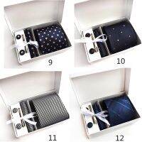 with box 5 pcs Polyester Silk Necktie Tie Cufflink Pocket Square Tie Clip Set