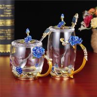 Red Blue Rose Enamel Crystal Tea Cup Coffee Mug Butterfly Rose Painted Flower Water Cups Clear Glass with Spoon Set Perfect Gift