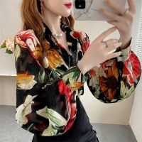 ๑♦ Ready stock woman long sleeve shirt loose lantern sleeve chiffon tops lapel printing temperament blouse summer fashion women clothes ladies top