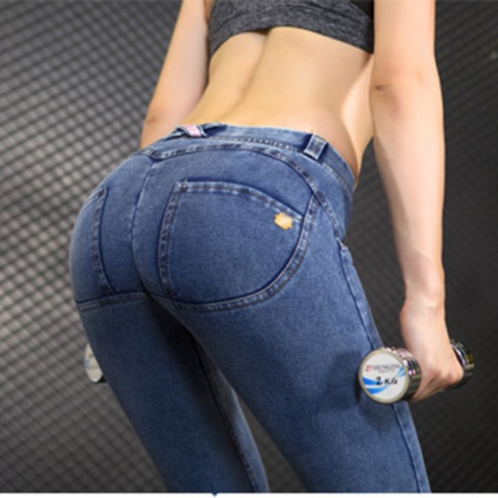 กางเกงยีนส์เอวต่ำสำหรับผู้หญิงกางเกงยีนส์ดันรัดรูปชุดออกกำลังกายเอวปานกลางรัดรูปยีนส์แฟชั่น