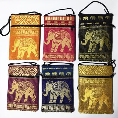 กระเป๋าสะพายข้าง/พาสปอร์ต ผ้าทอเลื่อมทองลายรูปช้างบ้าน/ช้างป่า กระเป๋าซิป 2 ช่อง-งานฝีมือของชาวเขา สไตล์วินเทจ