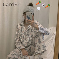 CAIYIER  New Korea Cute Girl Pajamas Suit Winter Cartoon Rabbit Printing Sleepwear Lingerie Casual Home Pajama PJ Suit Loose