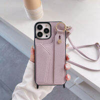 เคสมือถือปกหนังกระเป๋าสตางค์มีสายห้อยข้อมือ HTT กระเป๋าสตางค์ใส่บัตรเคสซิลิโคนนิ่มสำหรับ IPhone 14 11 12 13 Pro Max