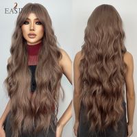 EASIHAIR Long Brown Curly Wavy Synthetic Wigs with Bang for Black Afro Women Daily Cosplay Party Natural Heat Resistant Hair Wig