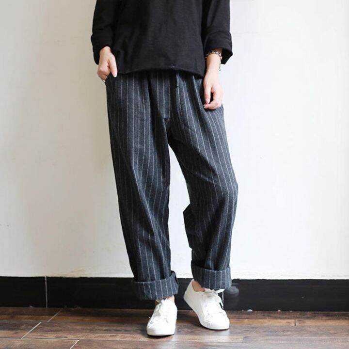 women-stripes-pockets-elastic-waist-plus-size-vintage-pants