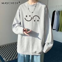 MAYCHEER เสื้อยืดแขนยาวพิมพ์ลายยิ้มส่วนบุคคลเสื้อผู้ชายหลวมเรียบง่ายและอเนกประสงค์