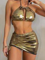 Sexy Solid Gold Pleate Skirt Bikini Women Cut Out Push Up PU Leather 3 Piece Swimsuit Brazlian Summer Bathing Suit Swimwear 2022