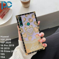 Luxury Square โทรศัพท์สำหรับ Huawei Y5P 2020 Y6P 2020 Y6 Pro 2019 Y9 2019 Y9 Prime 2019 Y9S Y9A ใหม่แฟชั่น Love โทรศัพท์กรณีชุบโครเมี่ยมเพชรฝาครอบโทรศัพท์กับ Love ผู้ถือแหวน