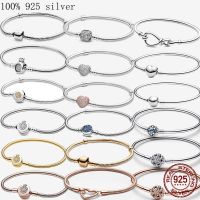 【hot】▣  925 Sterling Sliding Pulsera Plata Original Snake Chain Sparkling Disc Clasp Bangle