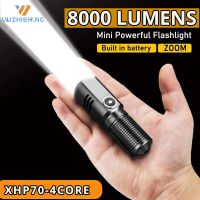 Powerful Led Flashlight XHP70 4 Core Built in Battery Shot Long Smart Type-c Rechargeable Flash Light EDC Torch Lamp For Camping Rechargeable  Flashli