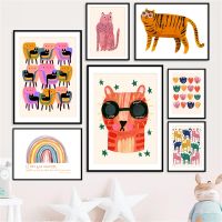 Tiger Leopard Rabbit Black Cat Flower Rainbow Wall Art Canvas Painting Nordic Poster And Print Christmas Picture Kids Room Decor